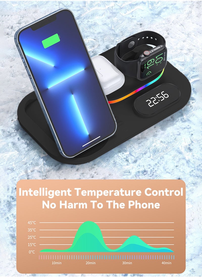 4-in-1 Wireless Charging Station,Uitable for IPhone/Earphone /Samsung Watch Wireless Charger,Fast 15W with Alarm Clock,RGB Lamp Wireless Charging Stand(Black)