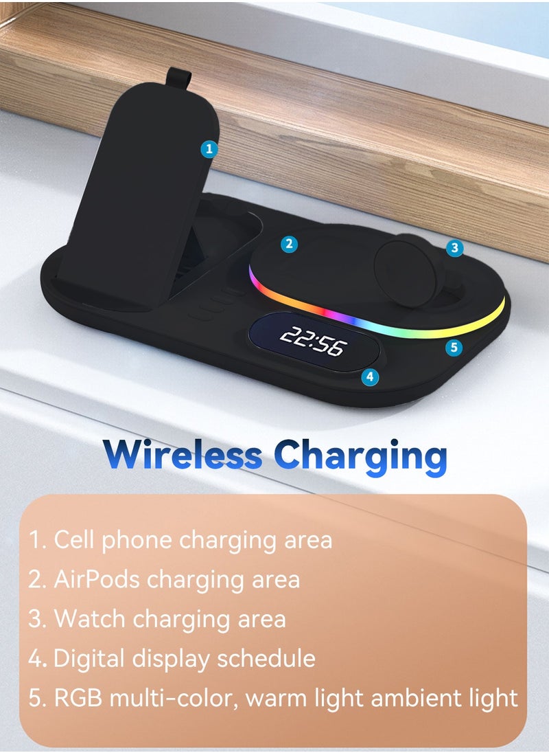 4-in-1 Wireless Charging Station,Uitable for IPhone/Earphone /Samsung Watch Wireless Charger,Fast 15W with Alarm Clock,RGB Lamp Wireless Charging Stand(Black)