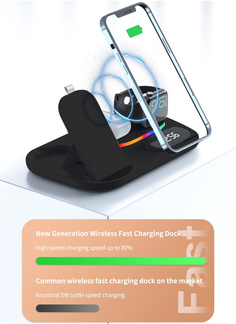 4-in-1 Wireless Charging Station,Uitable for IPhone/Earphone /Samsung Watch Wireless Charger,Fast 15W with Alarm Clock,RGB Lamp Wireless Charging Stand(Black)