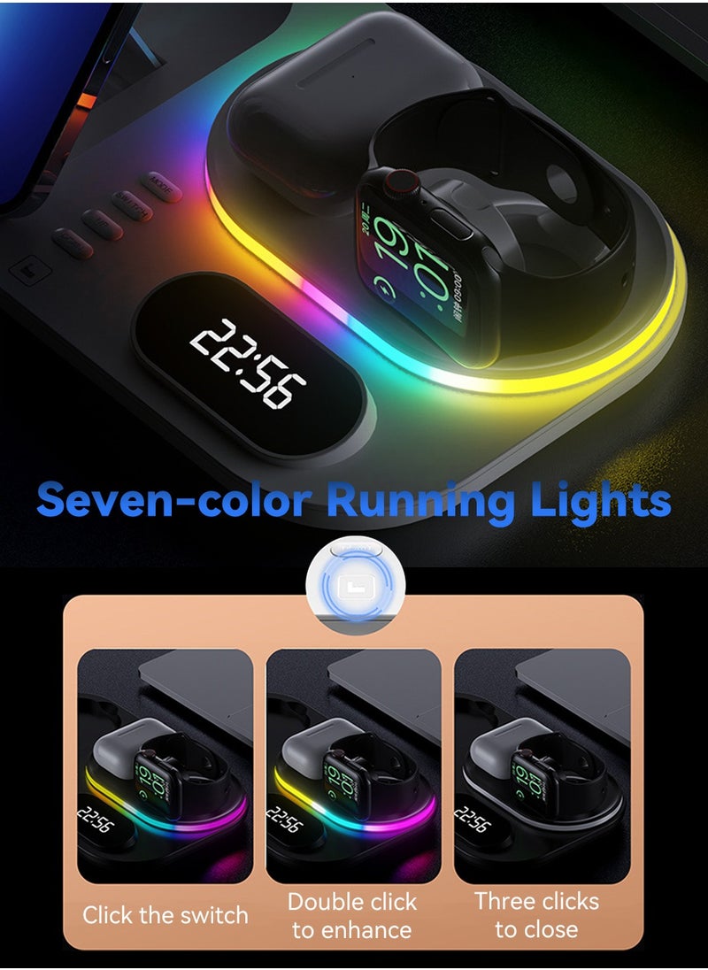 4-in-1 Wireless Charging Station,Uitable for IPhone/Earphone /Samsung Watch Wireless Charger,Fast 15W with Alarm Clock,RGB Lamp Wireless Charging Stand(Black)