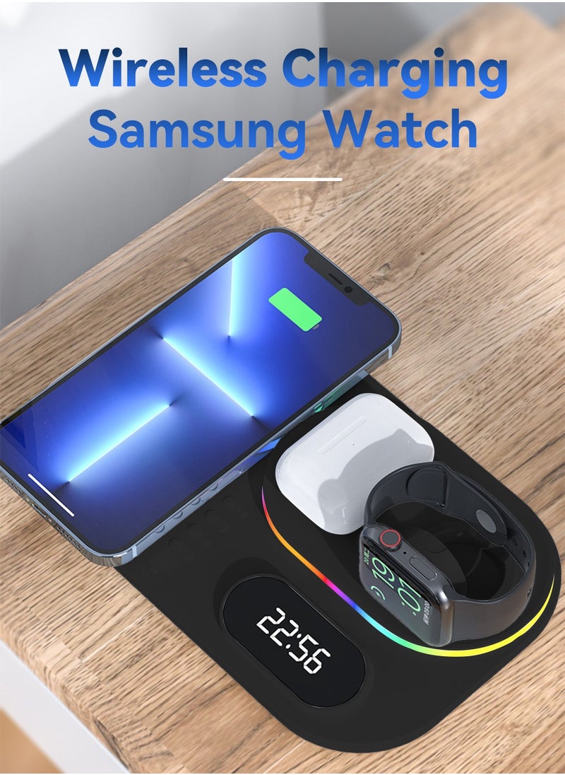 4-in-1 Wireless Charging Station,Uitable for IPhone/Earphone /Samsung Watch Wireless Charger,Fast 15W with Alarm Clock,RGB Lamp Wireless Charging Stand(Black)