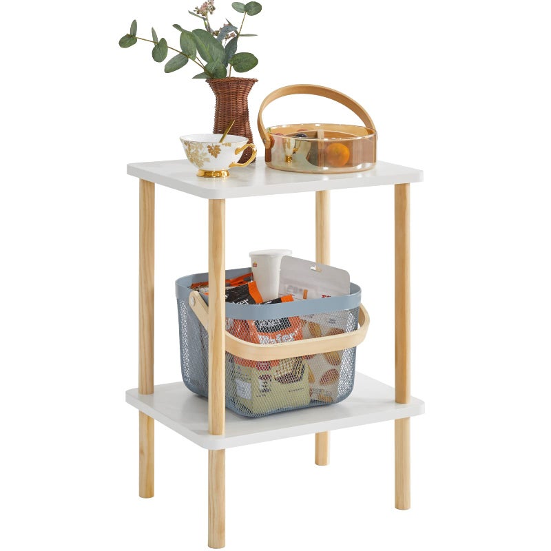 IBUYKE 2Tier Side Table Solid Wood Tall End Table with Storage Shelves Nightstand Bedside Table for Living Room Bedroom Office NoTool Assembly White UWST002W