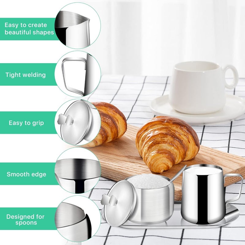 Worldity Stainless Steel Sugar and Creamer Set, Coffee Sets for Serving, Latte Milk Cup Cream Jug and Sugar Bowl with Lid Spoon Tray for Coffee Bar - Image 4