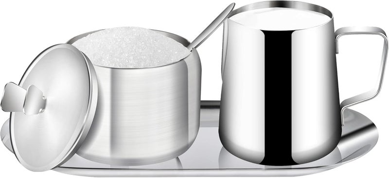 Worldity Stainless Steel Sugar and Creamer Set, Coffee Sets for Serving, Latte Milk Cup Cream Jug and Sugar Bowl with Lid Spoon Tray for Coffee Bar - Image 1