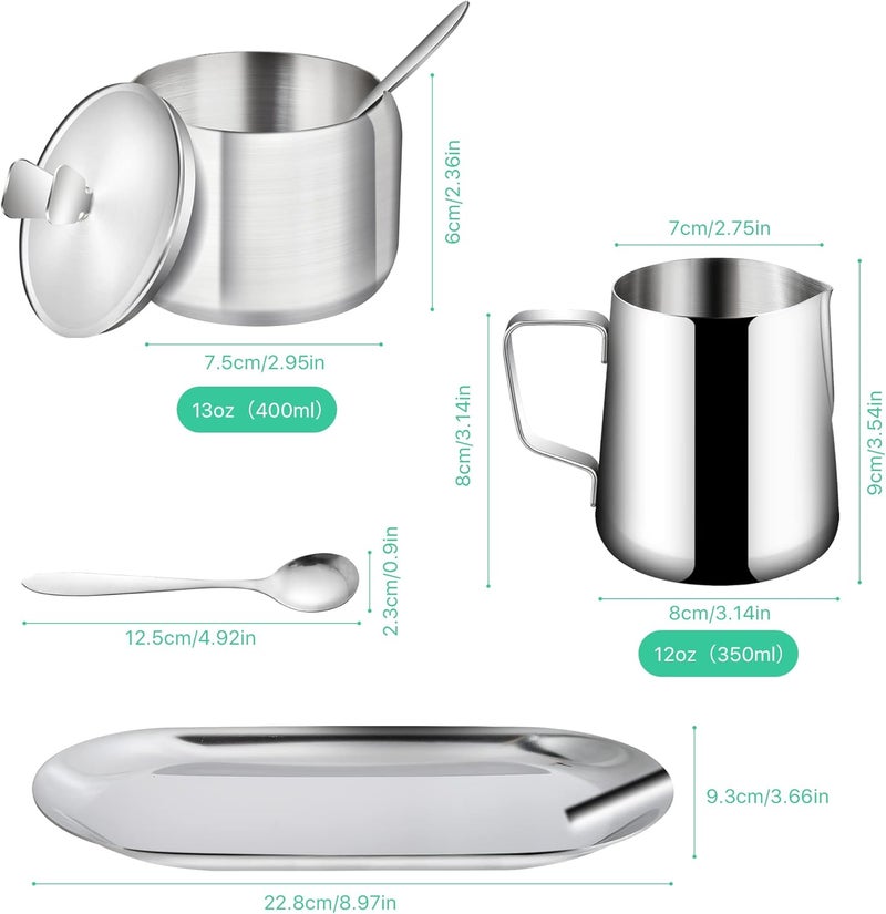 Worldity Stainless Steel Sugar and Creamer Set, Coffee Sets for Serving, Latte Milk Cup Cream Jug and Sugar Bowl with Lid Spoon Tray for Coffee Bar - Image 3