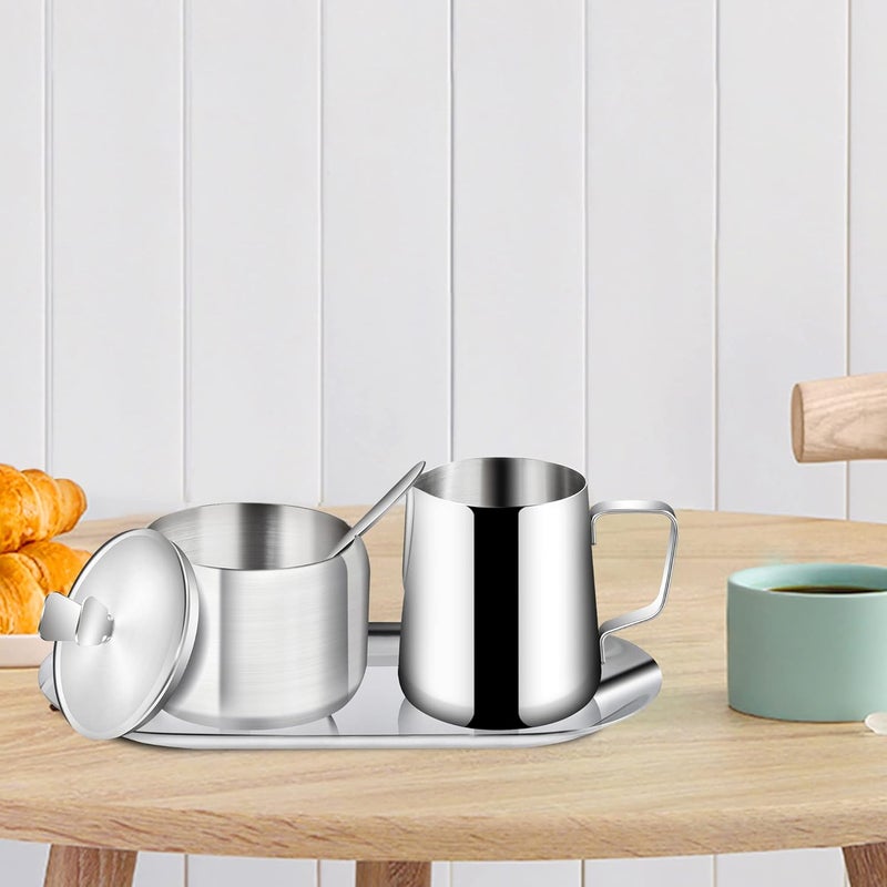 Worldity Stainless Steel Sugar and Creamer Set, Coffee Sets for Serving, Latte Milk Cup Cream Jug and Sugar Bowl with Lid Spoon Tray for Coffee Bar - Image 5