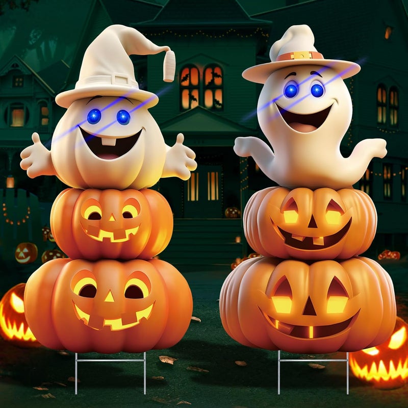 sewrung 2Pcs 4.0FT Ghost Halloween Decorations Plastic Yard Signs with Stakes,Spooky Halloween Pumpkin Decorations Outdoor, Scary Silhouette Glow in Dark Eyes for Outdoor Yard Lawn Garden - Image 1