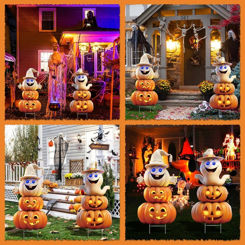 sewrung 2Pcs 4.0FT Ghost Halloween Decorations Plastic Yard Signs with Stakes,Spooky Halloween Pumpkin Decorations Outdoor, Scary Silhouette Glow in Dark Eyes for Outdoor Yard Lawn Garden - Image 3