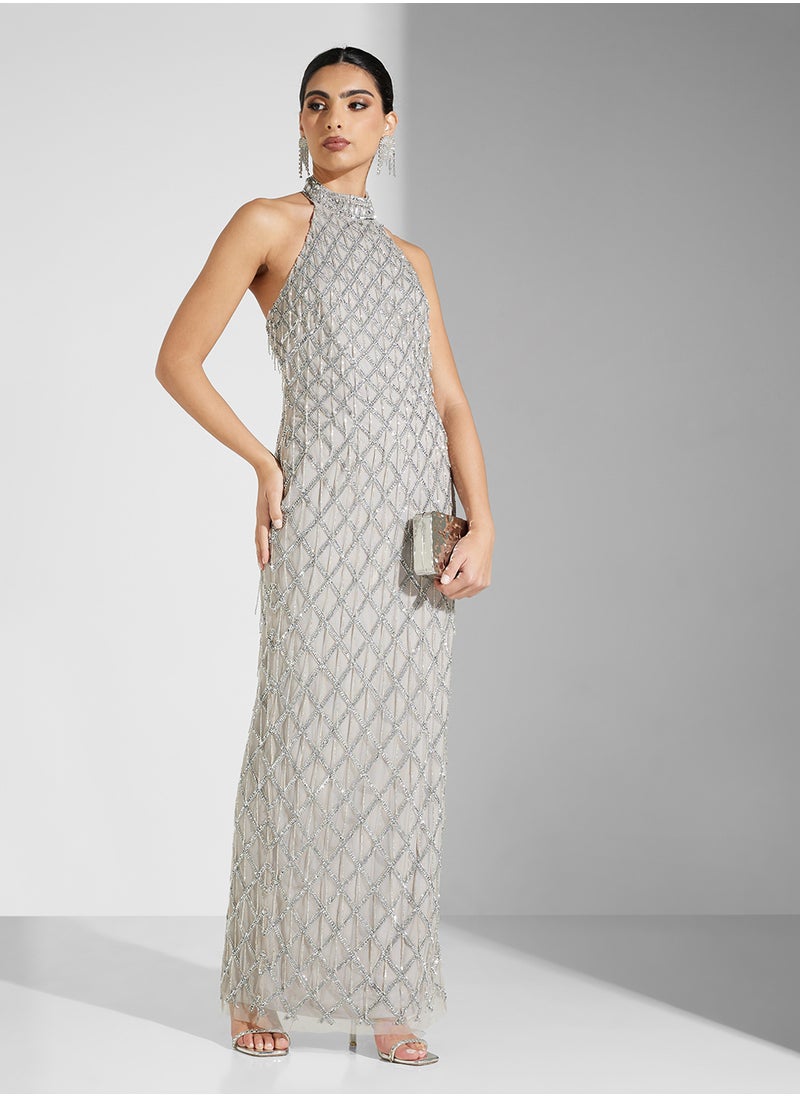 AIDAN MATTOX - Halterneck Sequin Maxi Dress - Image 1