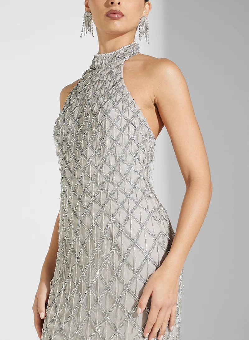 AIDAN MATTOX Embellished Halter Dress