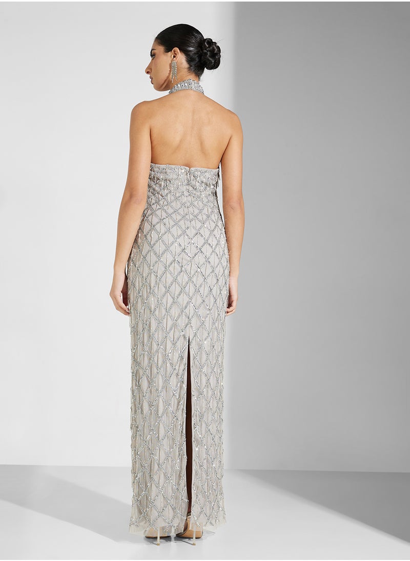 AIDAN MATTOX - Halterneck Sequin Maxi Dress - Image 1