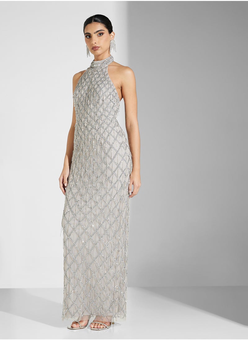 AIDAN MATTOX - Halterneck Sequin Maxi Dress - Image 1