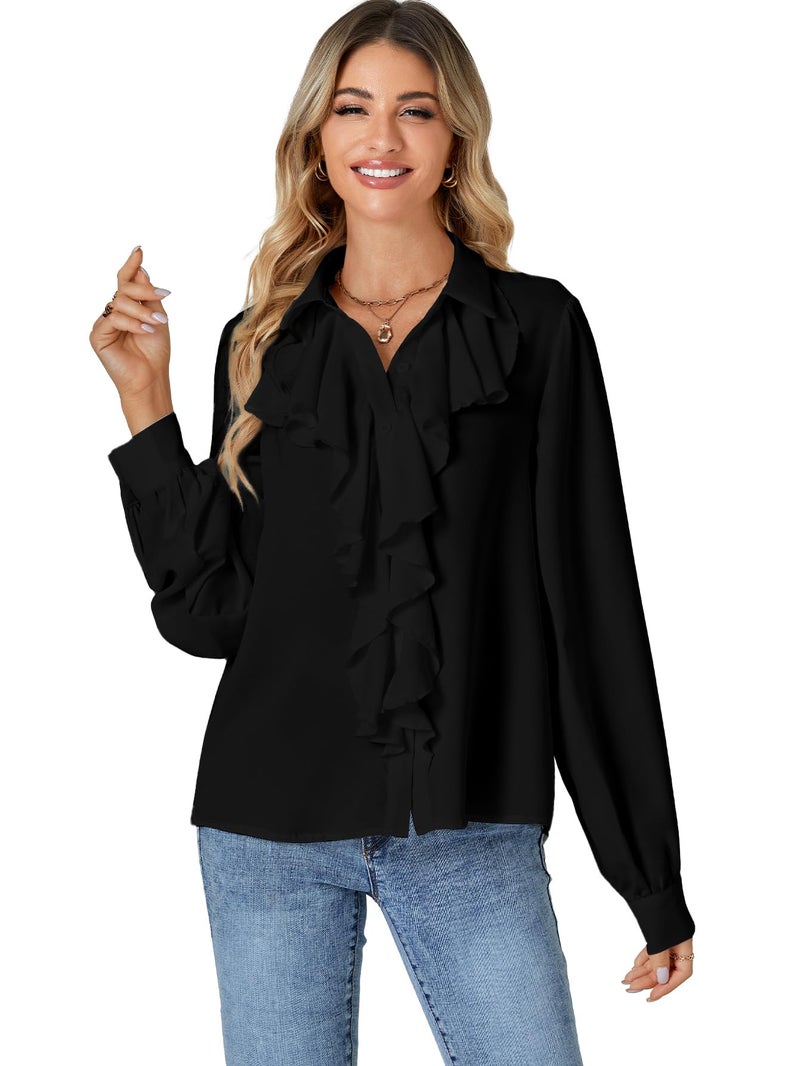 LYANER Women's Fall Long Sleeve Collar V Neck Button Down Ruffle Blouse Victorian Shirt Tops Black Small - Image 5