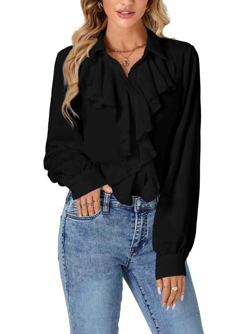 LYANER Women's Fall Long Sleeve Collar V Neck Button Down Ruffle Blouse Victorian Shirt Tops Black Small - Image 1