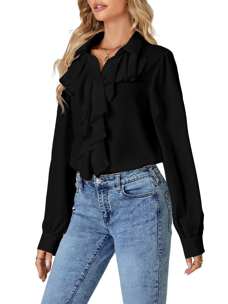 LYANER Women's Fall Long Sleeve Collar V Neck Button Down Ruffle Blouse Victorian Shirt Tops Black Small - Image 2
