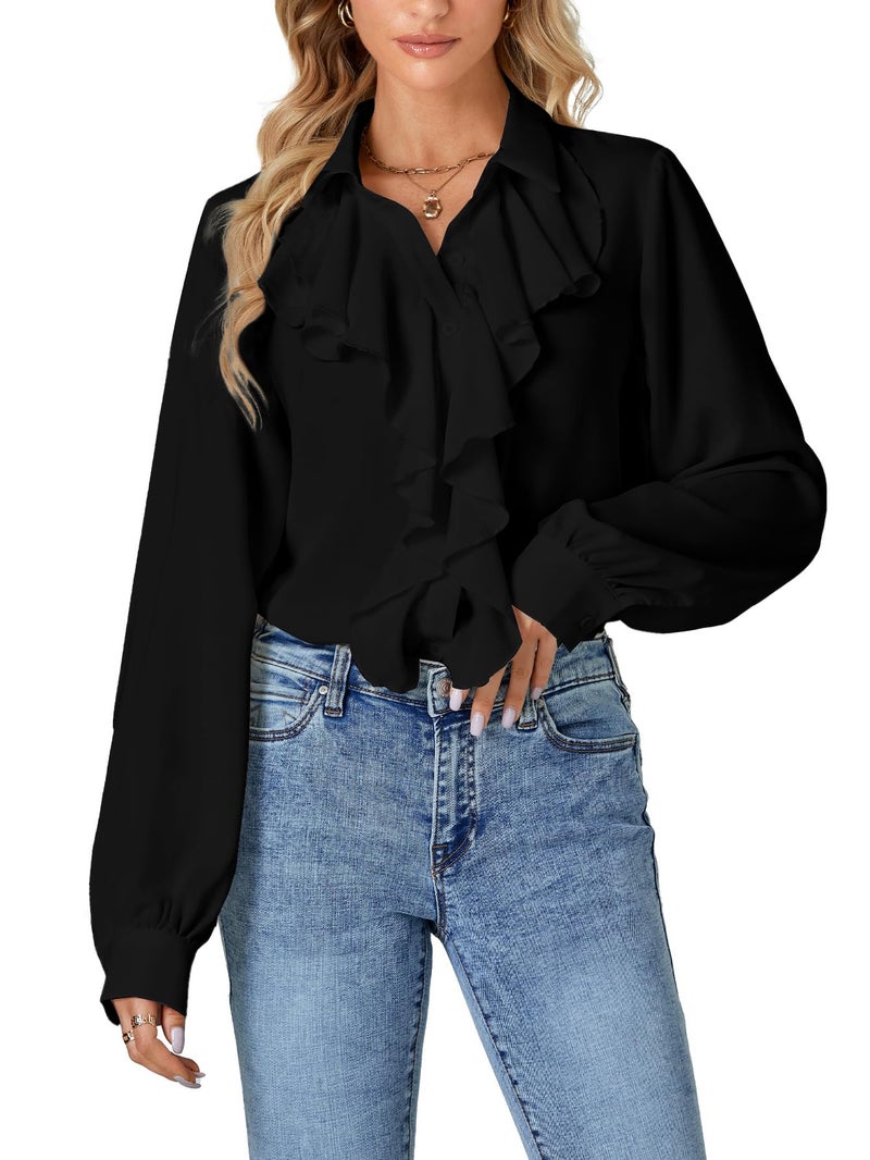 LYANER Women's Fall Long Sleeve Collar V Neck Button Down Ruffle Blouse Victorian Shirt Tops Black Small - Image 3