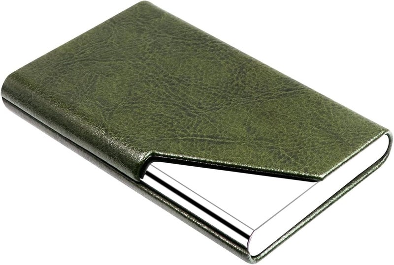 Padike Business Card Holder, Leather Business Card Case Pocket Card Holders for Men or Women, Metal Slim Name Card Holder RFID Blocking Business Card Carrier with Magnetic Closure (Z-Olive Green) - Image 1