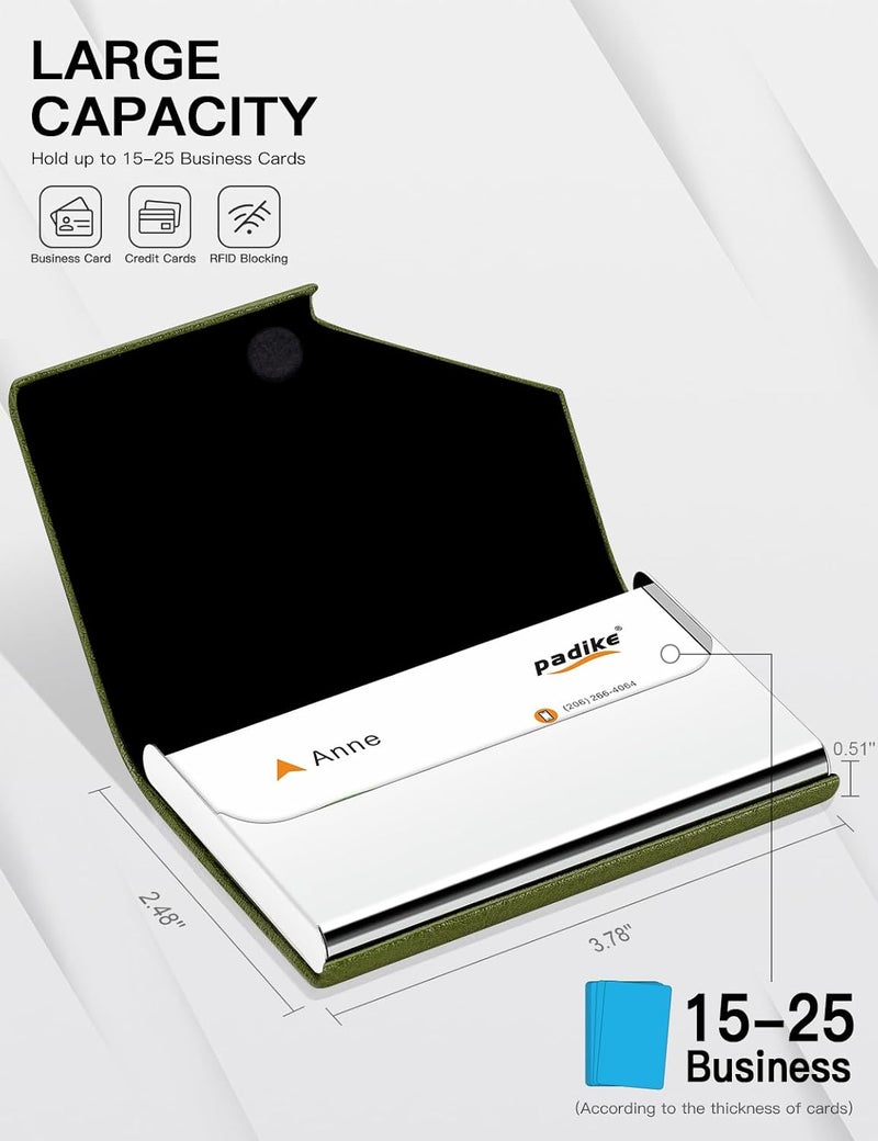 Padike Business Card Holder, Leather Business Card Case Pocket Card Holders for Men or Women, Metal Slim Name Card Holder RFID Blocking Business Card Carrier with Magnetic Closure (Z-Olive Green) - Image 4