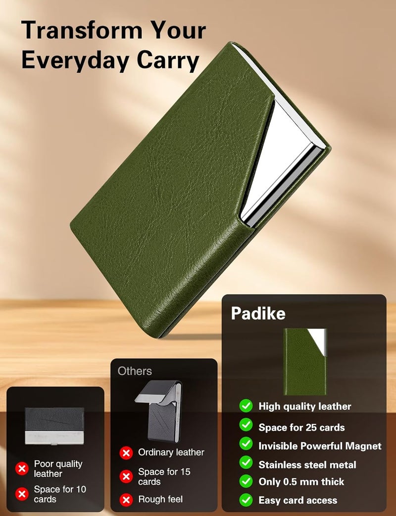 Padike Business Card Holder, Leather Business Card Case Pocket Card Holders for Men or Women, Metal Slim Name Card Holder RFID Blocking Business Card Carrier with Magnetic Closure (Z-Olive Green) - Image 2
