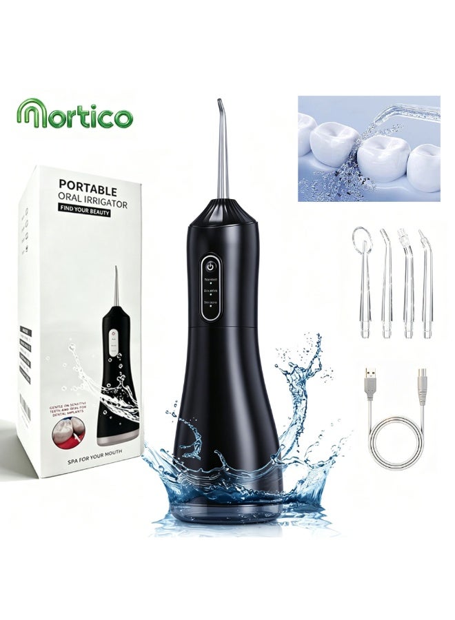 MORTICO Water Flosser For Teeth Cordless 330Ml Portable Oral Irrigator Flosser 3 Cleaning Modes And 4 Jet Tips, Ipx7 Waterproof Black - Image 1