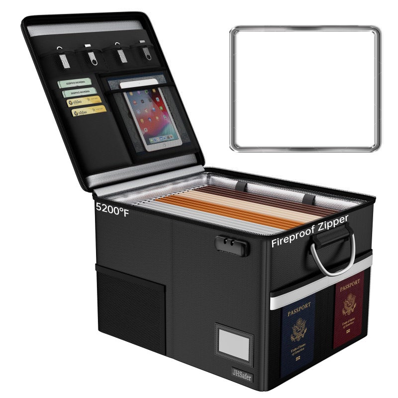 JHSafer 5200 Fireproof Document Box with Lock Waterproof File Organizer with Handle Portable Collapsible Filing Cabinet with Reflective Strip for Hanging LetterLegal Folder Black - Image 2