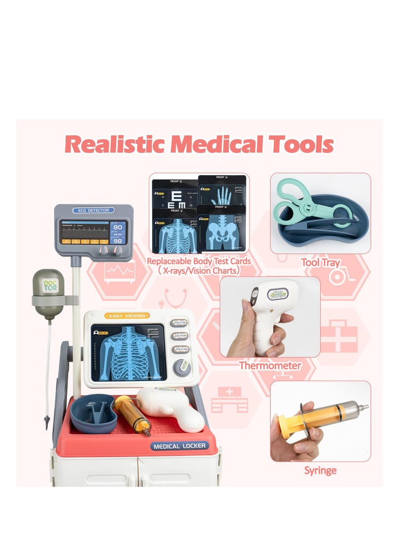 SYOSI Toy Doctor Kit, Kids Medical Cart Playset with Simulated Sounds, Realistic Pretend Play Doctor Games for Toddlers 3-5, Pretend Medical Station Set with Mobile Cart, Gift for Boys Girls (Pink) - Image 4