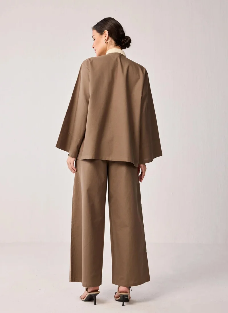 Noor  Oversized Cotton Jacket With Rib Detail And Flared Sleeves In Brown for Women | Best Price UAE