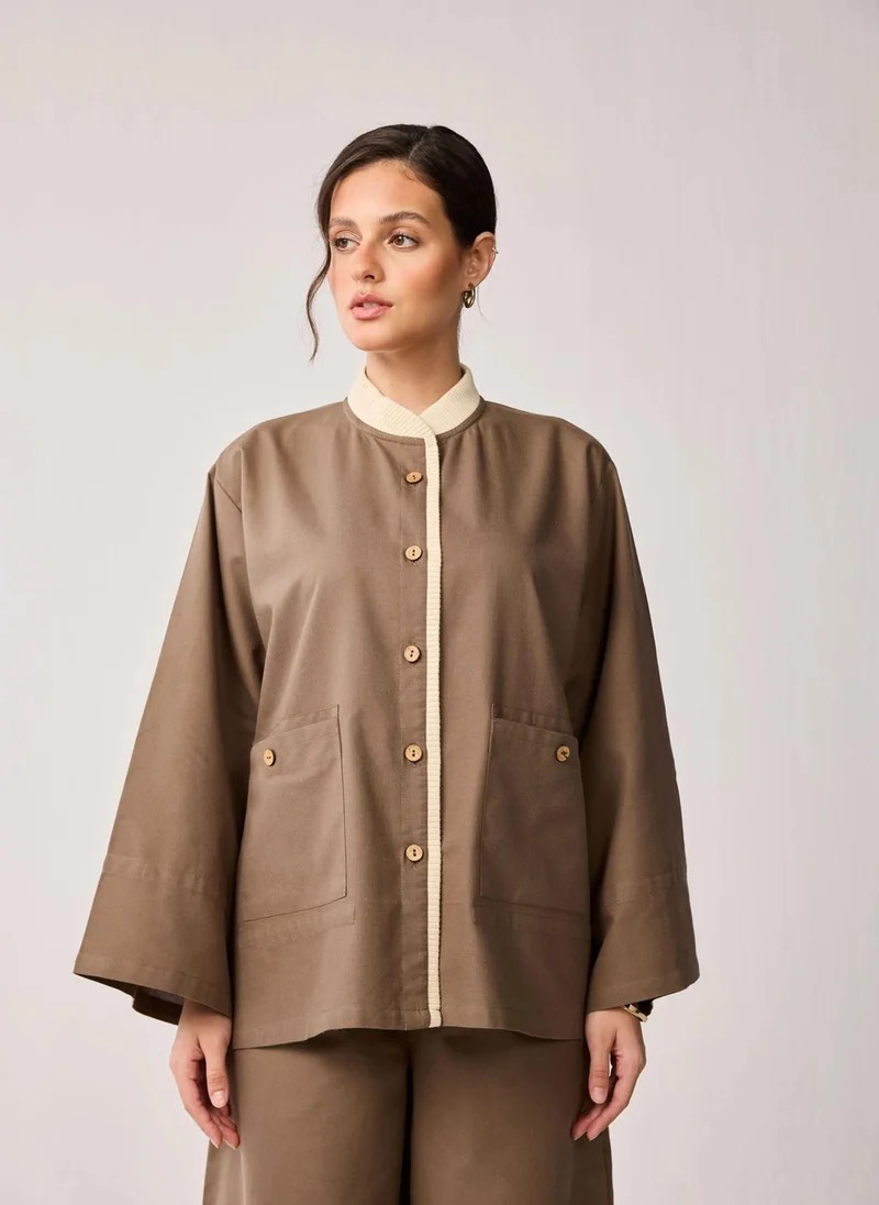 نور Oversized Cotton Jacket With Rib Detail And Flared Sleeves In Brown