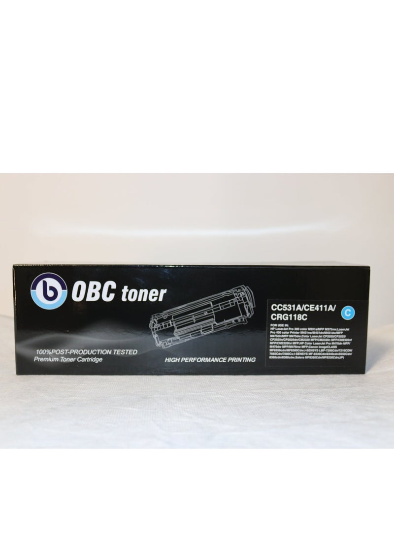 OBC Compatible Cyan Laser Toner Cartridge Replacement for HP CC531A/CE411A-304A and Canon CRG-118C. Prints up to 2800 pages in vivid color and professional quality. - Image 1