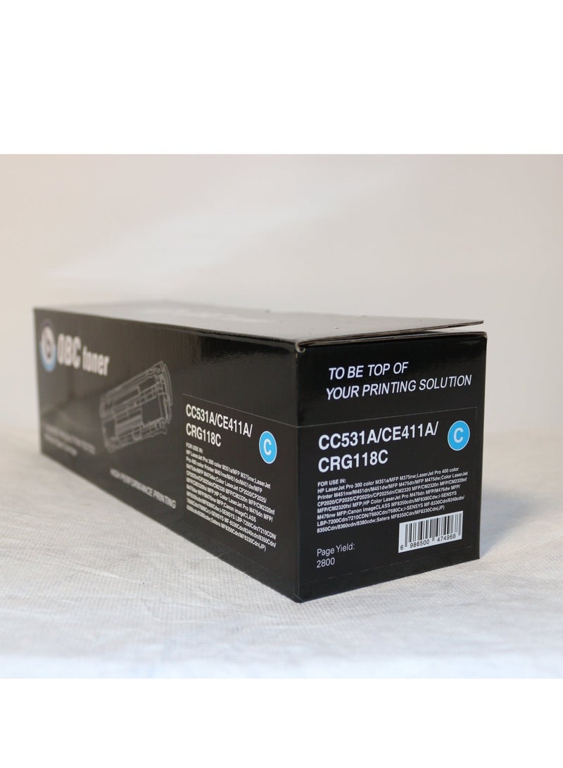 OBC Compatible Cyan Laser Toner Cartridge Replacement for HP CC531A/CE411A-304A and Canon CRG-118C. Prints up to 2800 pages in vivid color and professional quality. - Image 2