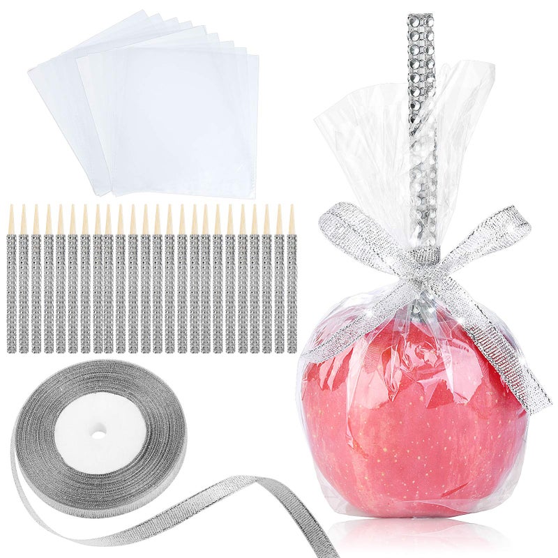 MGWOTH 24 Pack Bling Candy Apple Sticks and Bags Kits Caramel Apple Wooden SkewersFood Bamboo Decorative Sticks for Rice Krispie Treats Cookie Cake Pops Corn Dogs with Glass Wrapper Glitter Ribbons Tie 