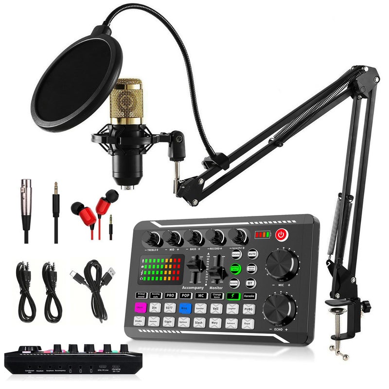 Podcast Microphone Bundle, BM-800 Condenser Mic with F998 Live Sound Card Kit, Podcast Equipment Bundle with Voice Changer and Mixer Functions for PC Smartphone Studio Recording and Broadcasting - Image 1