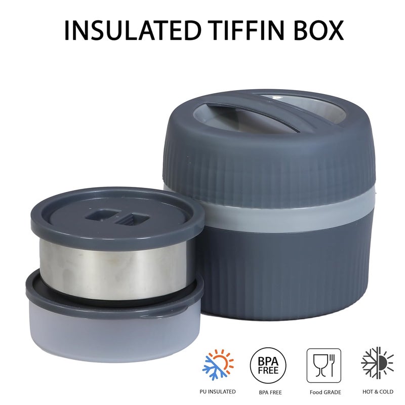 Hexwell Tiffin Lunch Box for Men Women 2 tire Thermal LeakProof Bento Box Snack Box with Handle 300ml200ml Grey Color - Image 4