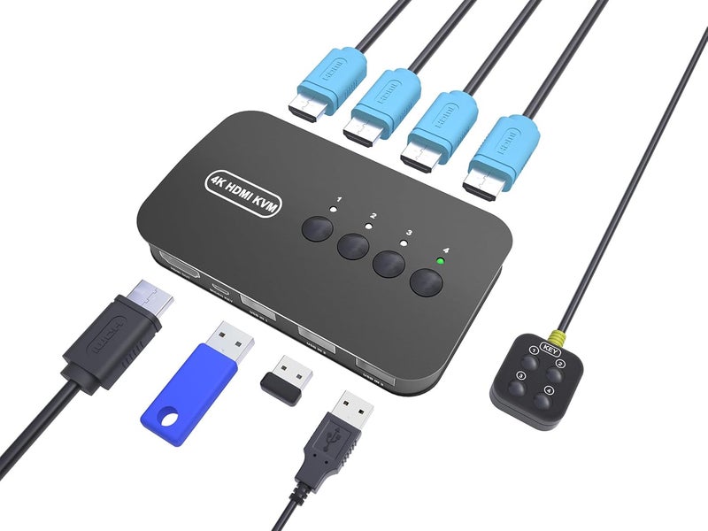 DiamondTiger مفتاح KVM HDMI 4 منافذ - مفتاح KVM لربط 4 حواسيب بمشاركة لوحة المفاتيح والفأرة والطابعة، وذاكرة فلاش، وشاشة HD، يدعم 4K@30Hz، 4 كابلات ووحدة تحكم سطح المكتب مضمنة - Image 1