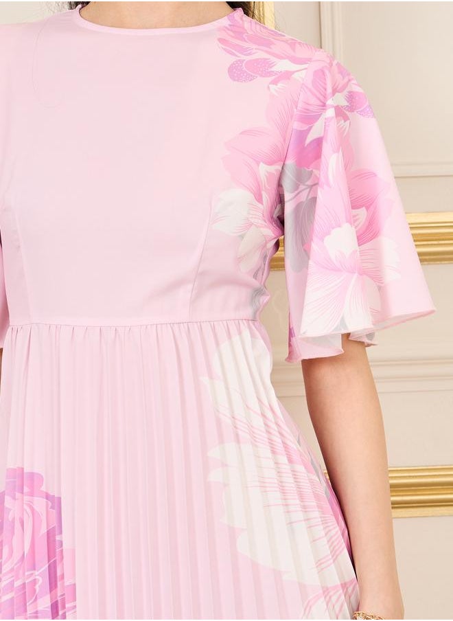 Styli Floral Print Pleated A-Line Midi Dress