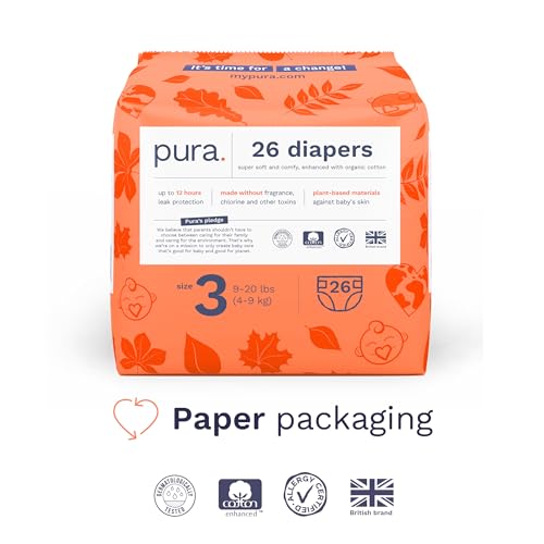Pura Size 3 Eco-Friendly Diapers (9-20 lbs) Totally Chlorine Free (TCF),Hypoallergenic, Soft Organic Cotton, Sustainable, up to 12 Hours Leak Protection, Allergy UK,26 Count (Pack of 3) (78 Baby Diapers) - Image 2