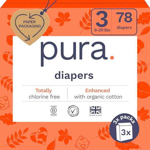 Pura Size 3 Eco-Friendly Diapers (9-20 lbs) Totally Chlorine Free (TCF),Hypoallergenic, Soft Organic Cotton, Sustainable, up to 12 Hours Leak Protection, Allergy UK,26 Count (Pack of 3) (78 Baby Diapers) - Image 1