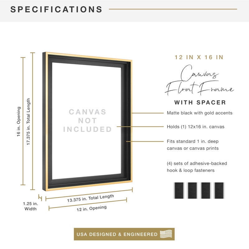 MCS Canvas Float Frames 12x16 Frame, Black & Gold for Finished Canvases, Vertical & Horizontal Wall Hanging Large with Adhesive for Canvas Paintings (1-Pack) - Image 3