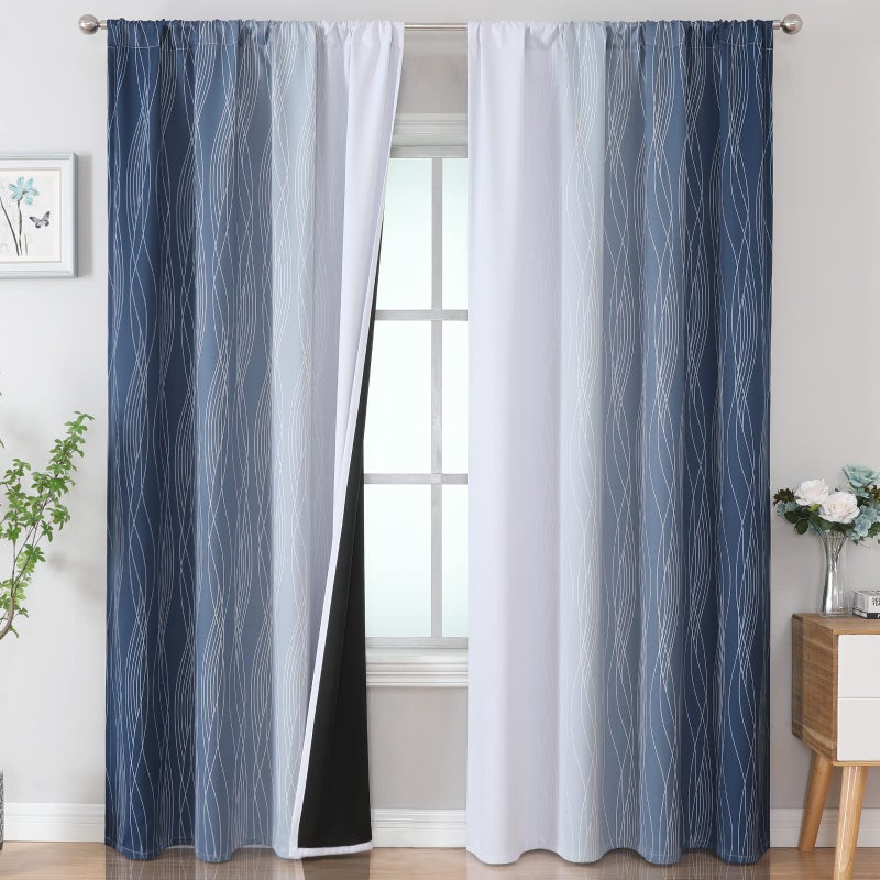 Estelar Textiler Navy Blue and White Blackout Curtains for Living Room, Light Blocking Thermal Insulated Ombre Drapes for Bedroom, Gradient Room Darkening Rod Pocket Window Curtains, 52Wx84L, 2 Panels - Image 1