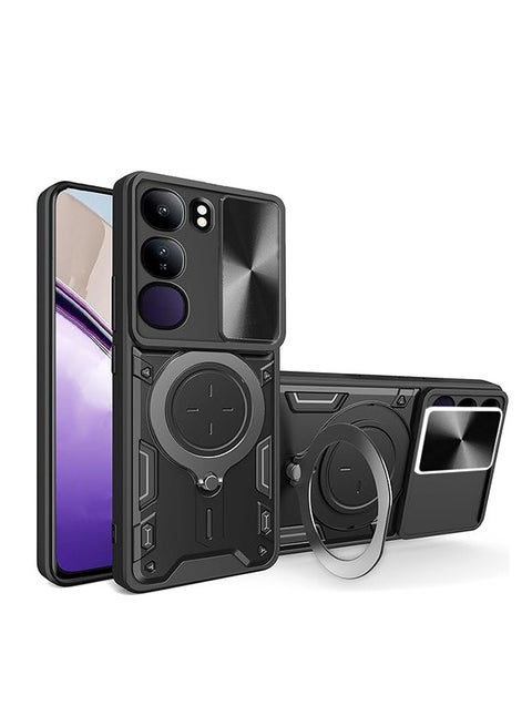 Case For VIVO V40 Lite 5G with Slide Camera Cover and Stand Kickstand Magnetic Ring, High Quality Shockproof Protective Cover, Anti-Fall Drop Protection, Shockproof Case, Black
