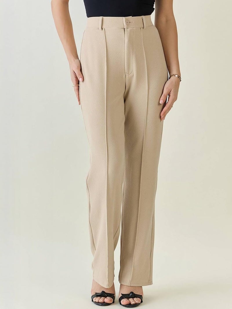 KOTTY Women’s Work Wear Trousers High Waist Formal Straight Fit Pants for Women-KTT2PCWOMENSPANTSET124L Camel Beige - Image 2