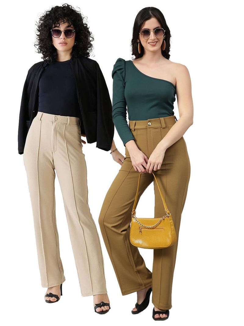 KOTTY Women’s Work Wear Trousers High Waist Formal Straight Fit Pants for Women-KTT2PCWOMENSPANTSET124L Camel Beige - Image 1