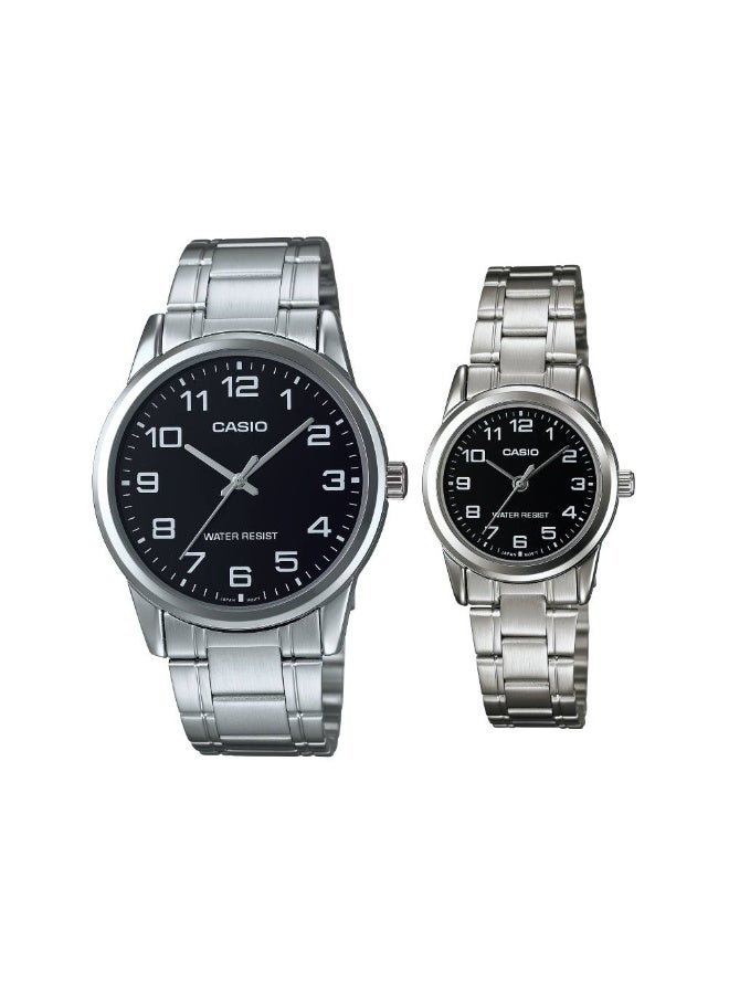 CASIO Couple Watches Set MTP-V001D-1B & LTP-V001D-1B Stainless Steel Black Dial Quartz – For Men & Women - Image 1