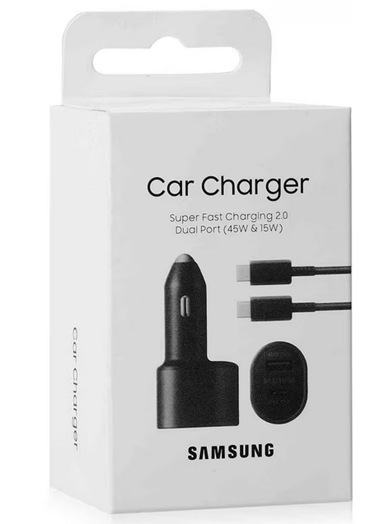 Samsung Car Charger Fast Charging 45W and 15W 2.0 Dual Port Car Charger with USB-C Cable 1m - Black - Image 1