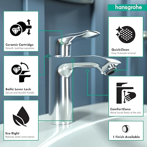 Hansgrohe هانسجروهي متريس مودرن تايملس إيزي كلين 1-هاندل 1 7-إنش تال باث روم سينك فوسيت إن كروم, 31204001 - Image 3
