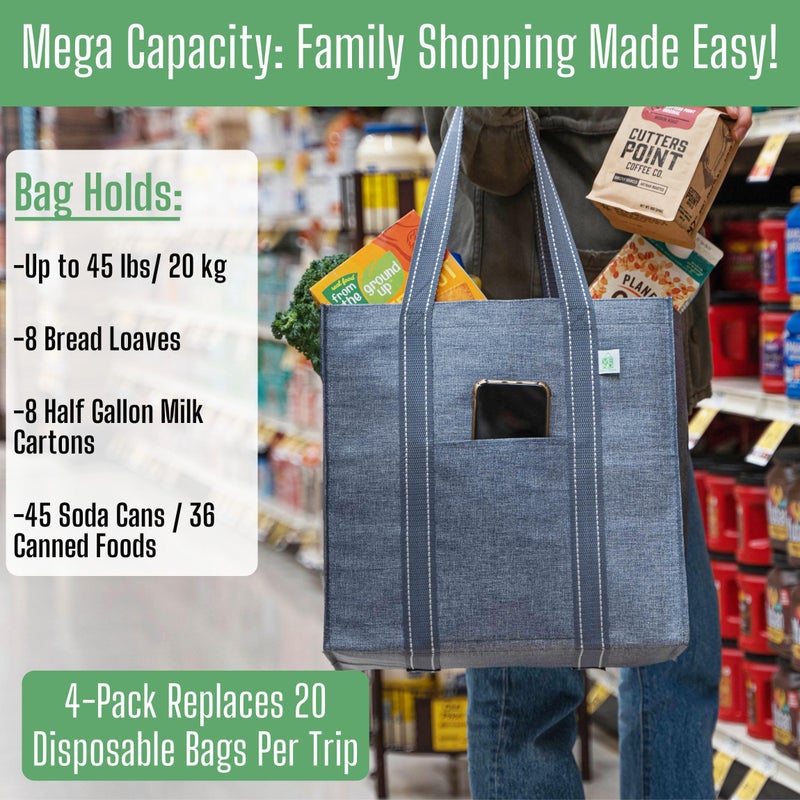 VENO 4 Pack Reusable Grocery Bags, Heavy-Duty Shopping Bags with Handles, Bags for Shopping Cart with Hard Bottom to Stand Upright, Foldable, Multi-Purpose(Gray, 4 Pack) - Image 5