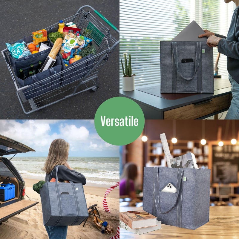 VENO 4 Pack Reusable Grocery Bags, Heavy-Duty Shopping Bags with Handles, Bags for Shopping Cart with Hard Bottom to Stand Upright, Foldable, Multi-Purpose(Gray, 4 Pack) - Image 2