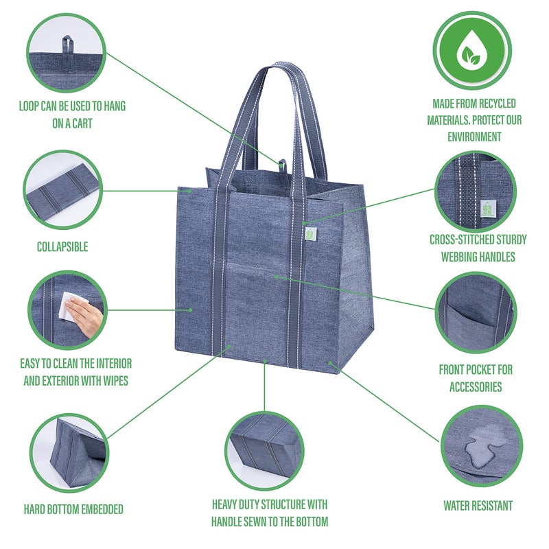 VENO 4 Pack Reusable Grocery Bags, Heavy-Duty Shopping Bags with Handles, Bags for Shopping Cart with Hard Bottom to Stand Upright, Foldable, Multi-Purpose(Gray, 4 Pack) - Image 4