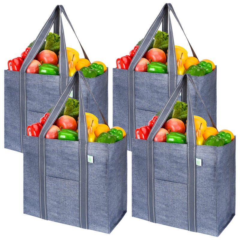 VENO 4 Pack Reusable Grocery Bags, Heavy-Duty Shopping Bags with Handles, Bags for Shopping Cart with Hard Bottom to Stand Upright, Foldable, Multi-Purpose(Gray, 4 Pack) - Image 1