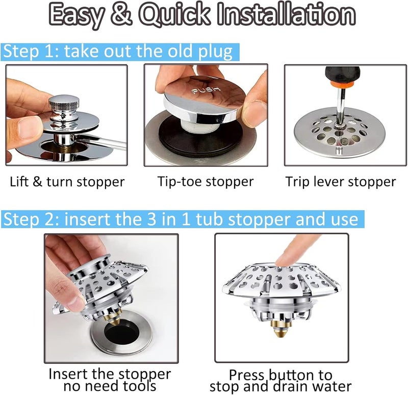 AzWzz Universal Tub Stopper Bathtub Drain Plug, Pop Up Tub Drain Hair Catcher, Drain Cover with Strainer, for 1-3/8 to 2in Bath Drain Hole - Image 3